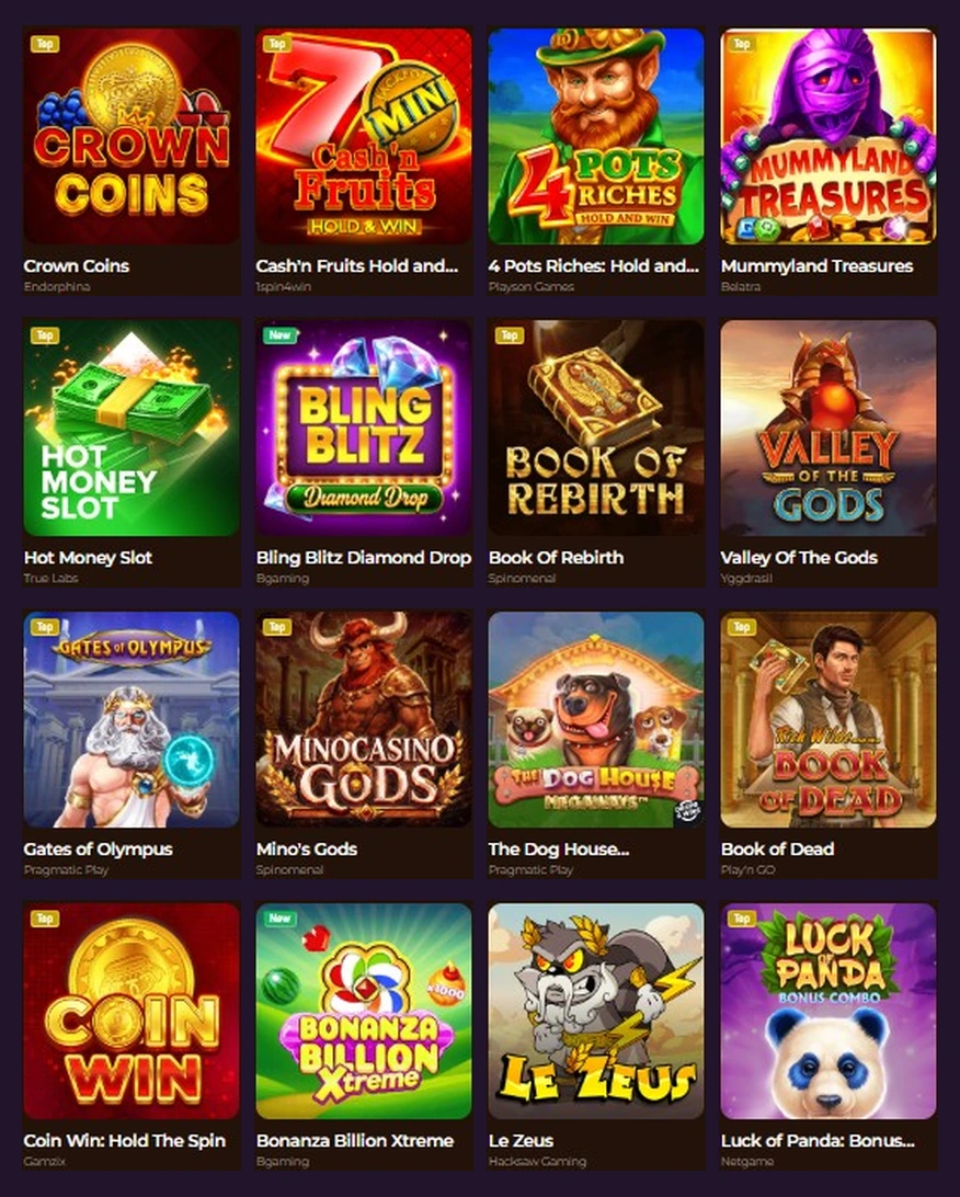 Sechzehn verschiedene Slot-Cover mit Spielnamen